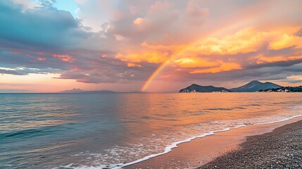 Canvas Print - Sunset Rainbow Over Coastal Mountains and Calm Sea