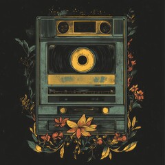 Wall Mural - A vintage cassette player surrounded by floral elements, evoking nostalgia for music.