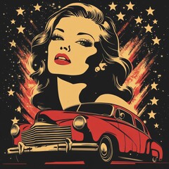 Sticker - A vintage-inspired illustration featuring a glamorous woman and a classic car against a starry background.