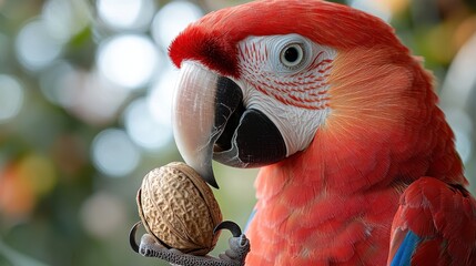 Wall Mural - Parrot holding a nut in its beak on a white background, playful pose