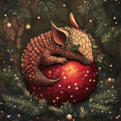 Canvas Print - A whimsical creature resting on a festive ornament amidst holiday decorations.