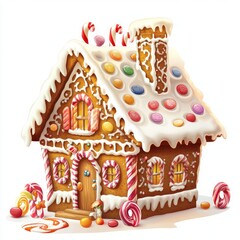 Sticker - A whimsical gingerbread house decorated with candies and icing.