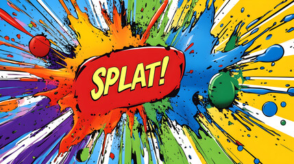 Speech bubble with SPLAT!, with colorful comic splashes and dripping paint effects