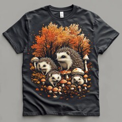 Sticker - A whimsical illustration of hedgehogs amidst autumn foliage and mushrooms on a t-shirt.