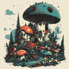 Wall Mural - A whimsical mushroom house surrounded by colorful fungi and trees.