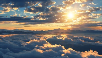 Sunlit cloudscape with distant mountains creating a serene morning atmosphere