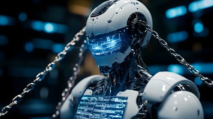 An AI robot with chains connected to a digital screen displaying laws and policies, representing its trial by media