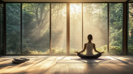 Canvas Print - Morning meditation session in a tranquil forest view room with sunlight filtering through large windows