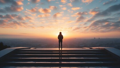 Reflective solitude on a grand staircase overlooking a vibrant waking city bathed in soft morning light