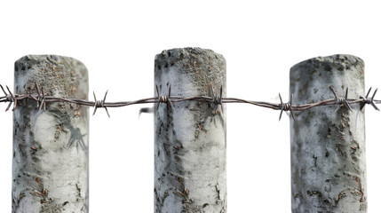 Barbed wire with concrete pillars on transparent background