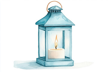 a watercolor illustration of rustic lantern featuring glowing candle inside, evoking warm and cozy a