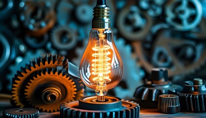 Illuminated filament light bulb amidst metallic gears, symbolizing the bright spark of innovation in a mechanical realm