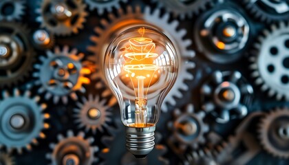 illuminated filament light bulb amidst metallic gears, symbolizing the bright spark of innovation in