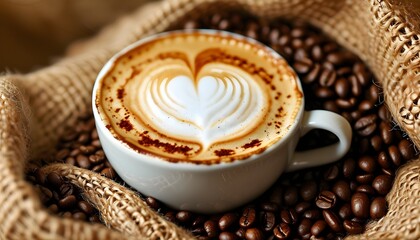 Heart-shaped latte art surrounded by scattered coffee beans from a burlap sack, embodying love and passion for coffee culture