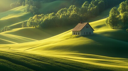 Wall Mural - a tranquil green landscape featuring a solitary house set among rolling hills at sunrise