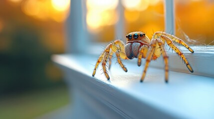 Wall Mural - Spider crawling on a window sill on a white background, typical household scene