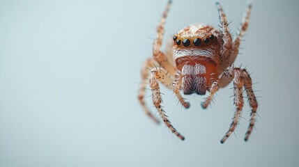 Wall Mural - Spider hanging from a single thread on a white background, minimalist composition