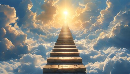 Ethereal stairway ascending through clouds towards a radiant sky, symbolizing hope and spiritual ascension