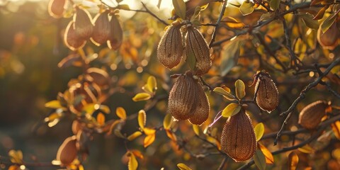 Canvas Print - Selective focus on multiple seed pods of the Kigelia africana tree also known as the Sausage tree or Worsboom in Afrikaans