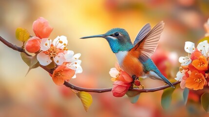 Wall Mural - Vibrant hummingbird hovering in mid-air on a white background, wings blurred