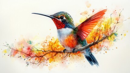 Canvas Print - Watercolor-style hummingbird on a white background, colorful and abstract