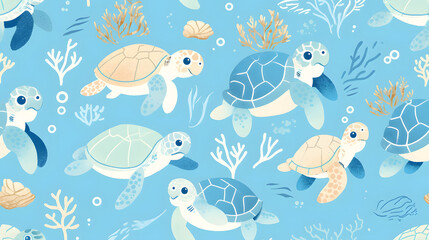 Cute cartoon sea turtles with sea corals and bubbles, ocean animal themed, blue seamless wallpaper and background. for material, fabric pattern