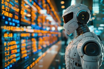 Wall Mural - A robot stands in front of a wall of monitors displaying stock prices