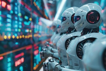 Wall Mural - A group of robots are standing in front of a wall of monitors