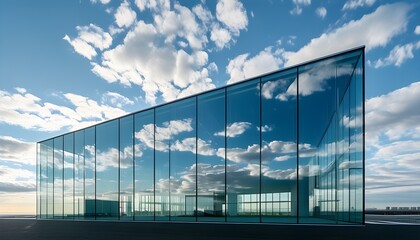 Wall Mural - Contemporary architectural masterpiece reflecting the sky and drifting clouds, embodying transparency and openness in a stunning panoramic view