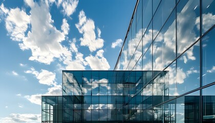 Wall Mural - Contemporary architectural masterpiece reflecting the sky and drifting clouds, embodying transparency and openness in a stunning panoramic view