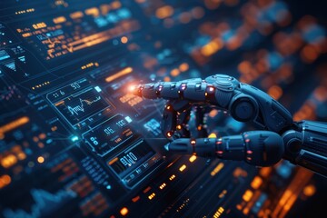 Wall Mural - a robot is pointing at a screen with a lot of numbers and letters