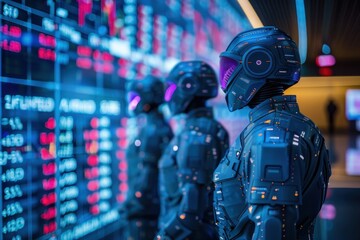 Wall Mural - three robots stand in front of a computer screen with a lot of numbers