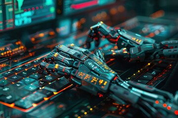Poster - a robot is typing on a keyboard with a red and orange glow