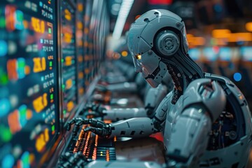 Wall Mural - a robot is sitting at a computer keyboard in front of a monitor