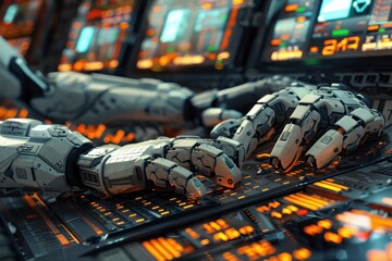 Wall Mural - a robot is typing on a computer keyboard