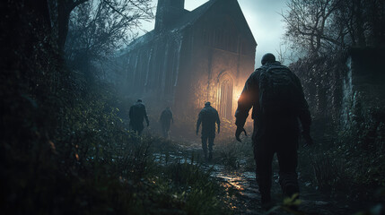 Wall Mural - A group of zombies walking through an old, crumbling cathedral at night, their skeletal forms barely visible as they move through the ancient ruins.