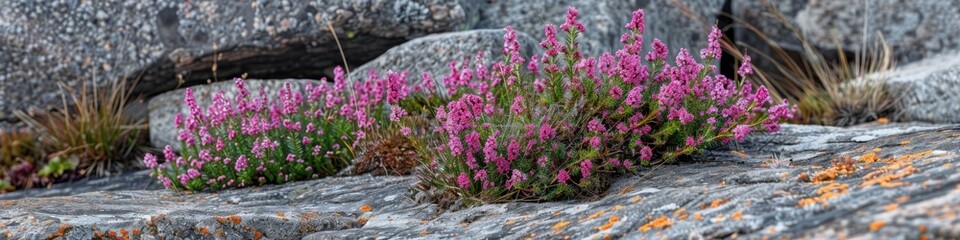 Poster - Vibrant Red Heather flowers flourishing in the gaps along rocky roadways.