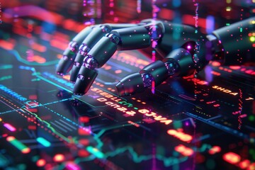 Wall Mural - a robotic hand is touching a computer screen with a lot of numbers and letters