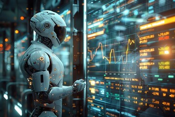 Wall Mural - a robot is standing in front of a computer monitor with a lot of numbers