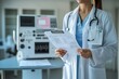 © lenblr - Female doctor is standing in a hospital room, carefully reviewing patient information on a clipboard