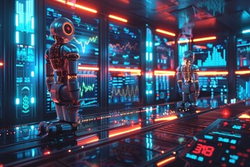 Wall Mural - two robots are standing in front of a computer monitor with a lot of numbers