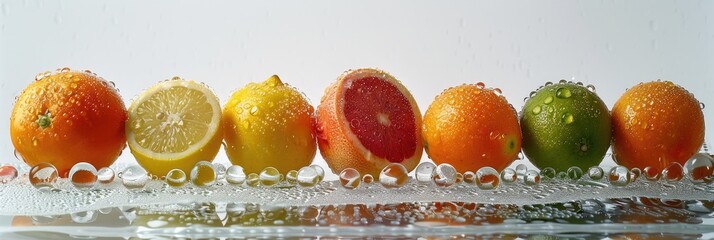 Wall Mural - Citrus fruits displayed on a surface with moisture droplets