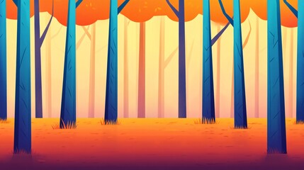 Vibrant animated forest with tall blue trees and warm orange foliage.