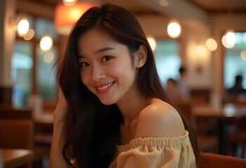 Smiling Woman in Restaurant