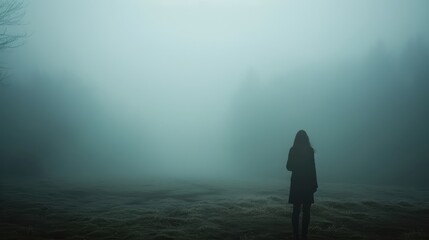 A woman stands in a foggy field, looking off into the distance