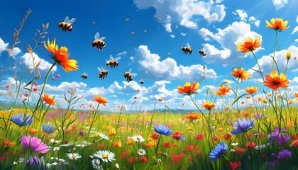 Wall Mural - Lush wildflower meadow bursting with color under a sunny sky, bees buzzing joyfully amidst fluffy white clouds