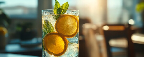 refreshing lemonade with mint leaves in a sunlit kitchen. summer beverage and relaxation concept