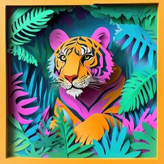  Colorful layered paper illustration of a tiger in the jungle, vibrant foliage, and exotic plants