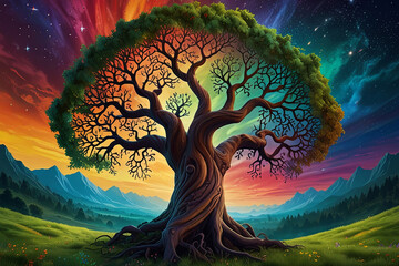 Fantasy Tree Illustration – Vibrant, Kaleidoscopic Colors and Mystical Landscape for Captivating Desktop Background