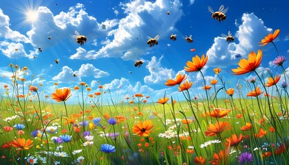 Wall Mural - Lush wildflower meadow bursting with color under a sunny sky, bees buzzing joyfully amidst fluffy white clouds